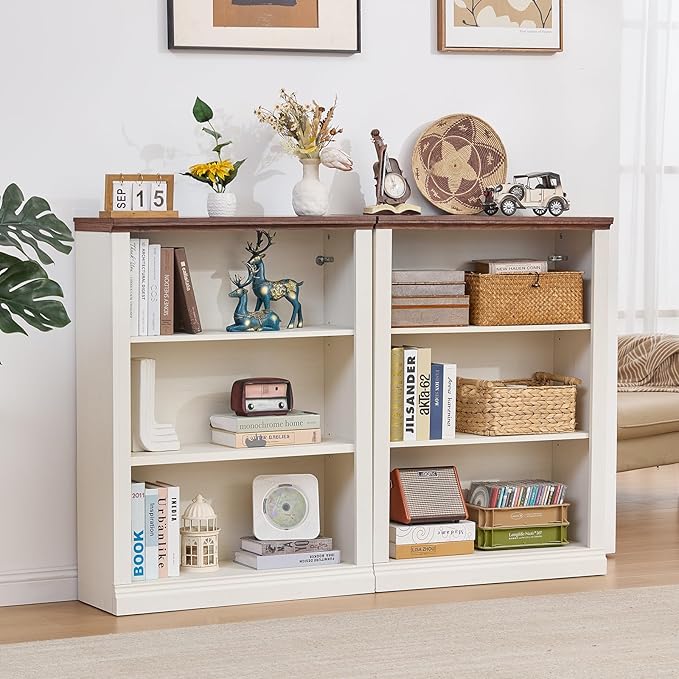 43" White Tall Bookshelf,3-Tier Thick Wooden Book Shelf with Adjustable Shelves,Free Standing Farmhouse Bookcase with Open Display Storage,Floor Vintage Bookshelves for Living Room,Office