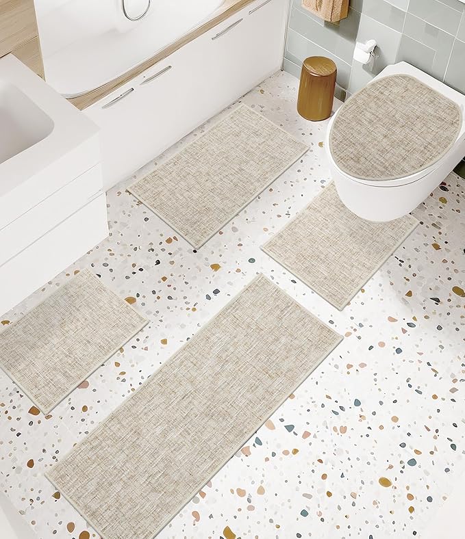 YIHOUSE Bathroom Rugs Sets 5 Pieces, Ultra Thin Non Slip Washable Bath Mat Sets, Absorbent Quick Dry Bath Mats for Bathroom Floor, Beige