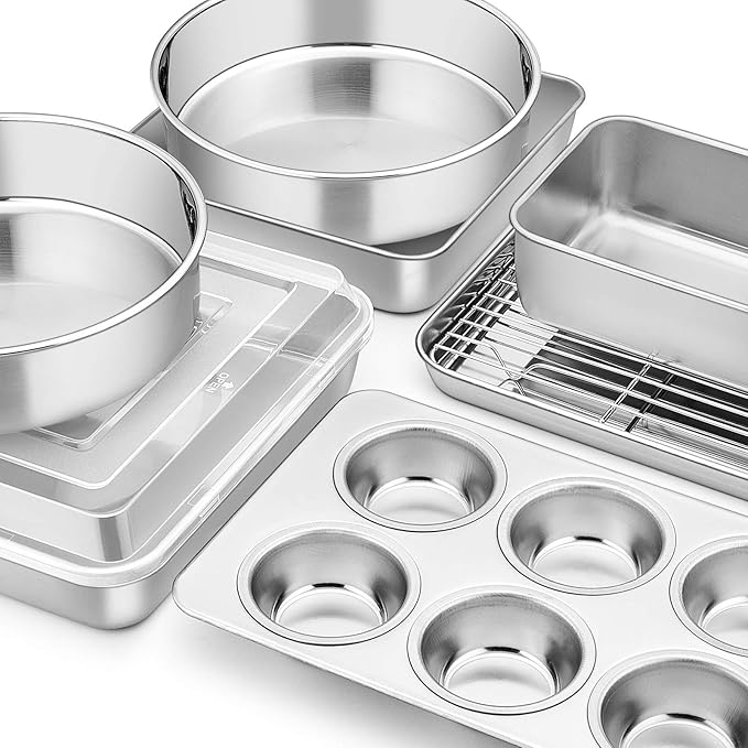 E-far Stainless Steel Baking Pan Set, 9-Piece Bakeware Sets for Cake Cookie Loaf Muffin, Include Round, Square, Rectangle Baking Sheet Pan with Lid & Cooling Rack, Dishwasher Safe
