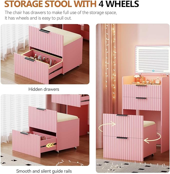 LED Fluted Compact Vanity Desk with Flip Top Mirror, 3 in 1 Small Makeup Table with Glass Desktop, Storage Compartment and Cushioned Stool with Wheels,3 Drawers, for Girl Bedroom Pink