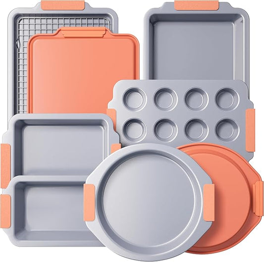 BRONYPRO Nonstick Ceramic Bakeware Set (9 Pieces),Heavy Duty Aluminized Steel Bakeware-Baking Pans Set with Silicone Handles,Includes Sheet Pans,Loaf Pan,Muffin pan,Cake pans,PTFE & PFOA Free - Orange