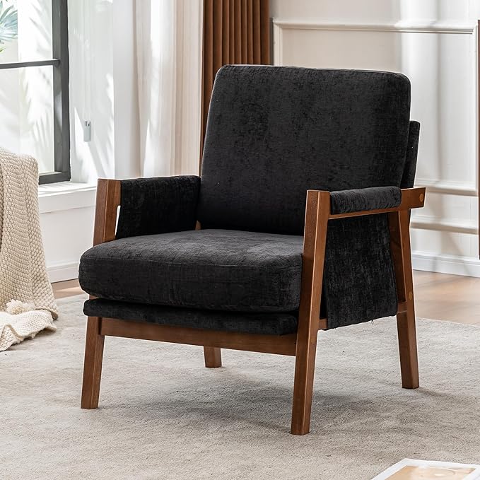 Mid Century Modern Accent Chair with Wood Frame, Upholstered Living Room Chairs with Wide Armrest, Chenille Fabric Comfy Arm Chair for Bedroom, Reading Room, Balcony (1, Black)