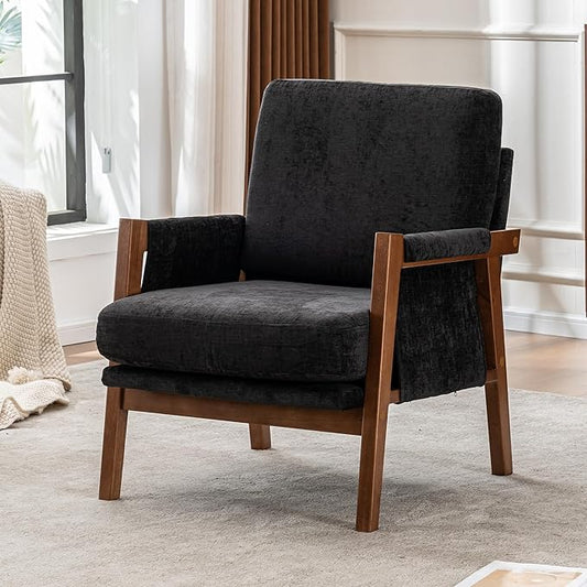 Mid Century Modern Accent Chair with Wood Frame, Upholstered Living Room Chairs with Wide Armrest, Chenille Fabric Comfy Arm Chair for Bedroom, Reading Room, Balcony (1, Black)