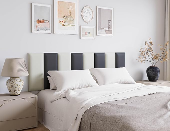 Leather Black and White Upholstered Queen Headboard, 12PCS Peel and Stick Wall Panels, Tufted Bed Backboard for Modern Wall Beds, 10"x24" Each, Leather - Black and White