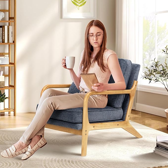 COLAMY Mid Century Modern Accent Chair Set of 2 with Lumbar Pillow, Relaxing Armchair with Solid Wood Frame & Soft Cushion, Reading Leisure Chair for Living Room（Blue）