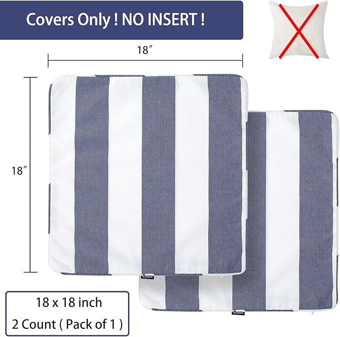 Outdoor Throw Pillow Covers 18x18 Inch, Set of 2, Cover Only! Waterproof Fade Resistant Decorative Cushion Sham Pillow Cases for Patio Furniture Chair Couch Sofa - Navy White Striped