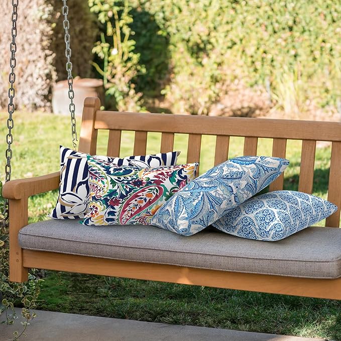 Outdoor/Indoor Lumbar Pillows, Water Repellent Cushion Pillows, 12x20 Inch, Outdoor Pillows with Inserts for Home Garden, Pack of 2, Monotone Leaves Blue