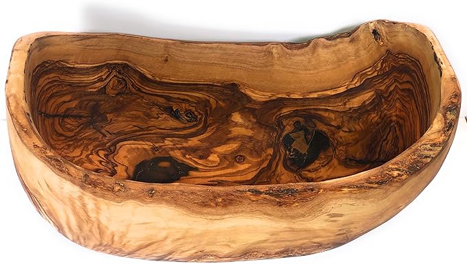 10" Rustic Oval Artisan Olive Wood Dough Bowl Bread Basket Boat Shaped - Live bark edge. Natural Server for Fruit, Salads, Chips, Popcorn. In Lg 10" or XL 12". (Large 10x5-7x4”)