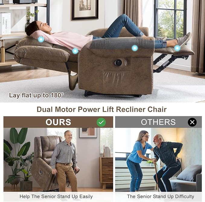 CDCASA Dual Motor Lay Flat Lift Chairs Recliners for Elderly w/Massage and Heat, Breathable Leather Infinite Position Large Sleeping Electric Power Lift Chair Recliner, Set of 2, Matte Brown