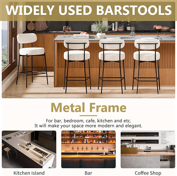 DYHOME Bar Stools Set of 4, 24 Inches Modern Counter Height Bar Stools with Curved Back Metal Legs, White Upholstered Boucle Barstools for Kitchen Island, Cafe