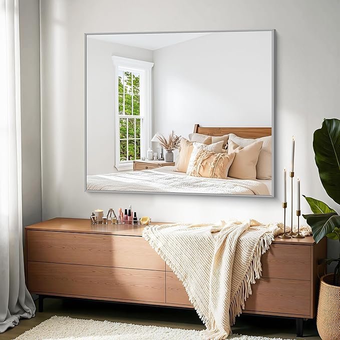 KOCUUY Silver Bathroom Mirror, 40"x48" Large Rectangular Mirror with Metal Frame, Brushed Nickel Vanity Mirror with Modern Design for Bathroom, Living Room, Entryway, Hang Horizontal/Vertical