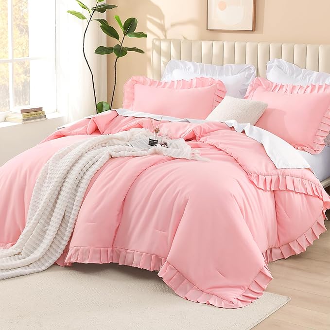 Litanika Pink King Size Comforter Set, 3 Pieces Ruffle Farmhouse Aesthetic Bedding Comforter Set, All Season Soft Lightweight Fluffy Microfiber Bed Set(104x90In Comforter, 2 Pillowcases)