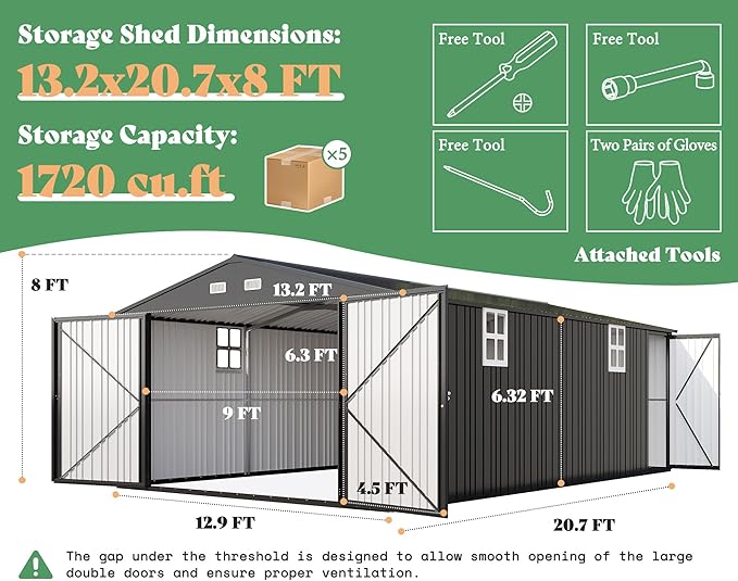 AMERLIFE 13x21x8 FT Outdoor Metal Garage Shed, Extra Large Storage Shed with Double Hinged Doors, 4 Windows, Carport for Car, Truck, Bicycle and Lawn Equipment, Dark Gray