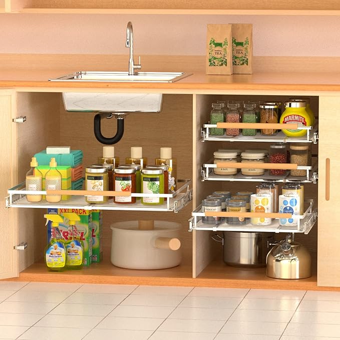 Pull Out Drawer Cabinet Organizers, Expandable Heavy Duty Slide Out Storage Shelf for Home Kitchen Pantry Cupboard Pots Pans, Adjustable Width 12.1" - 18.4", Stainless Steel 2 Pack