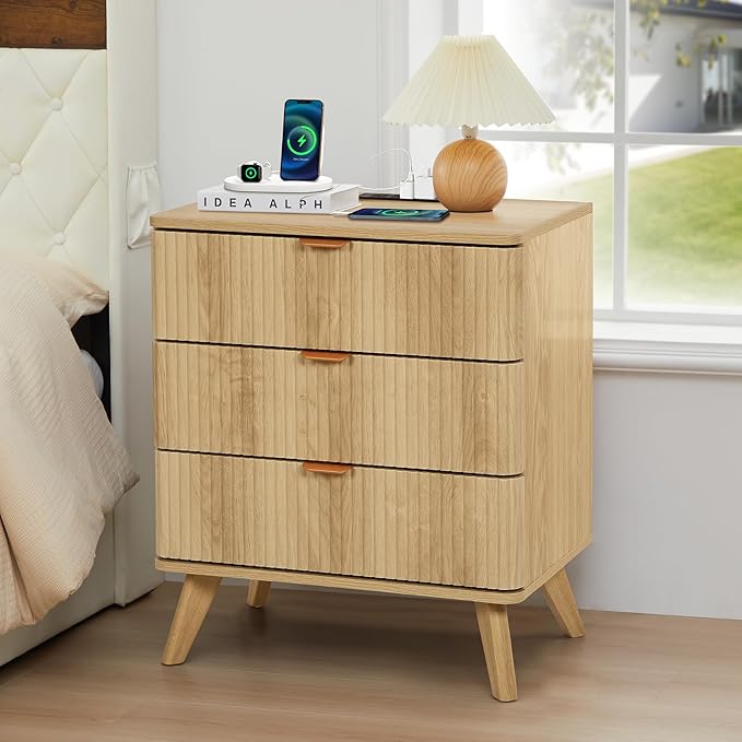 Fluted 3 Drawer Small Dresser for Bedroom, Mid Century Modern Nightstand with Charging Table Top, Low Bedside Table for Closet Cloth, End Table Short Storage, Living Room, Dorm - Natural