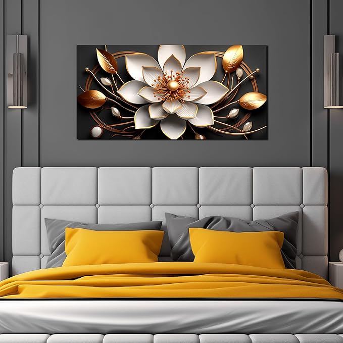 Large Artwork Canvas Wall Art for Living Room Office Room Bedroom Decor Wall Painting White and Gold Flowers Picture Modern Decorative Painting with Frame Ready to Hang Canvas Decor Size 20x40