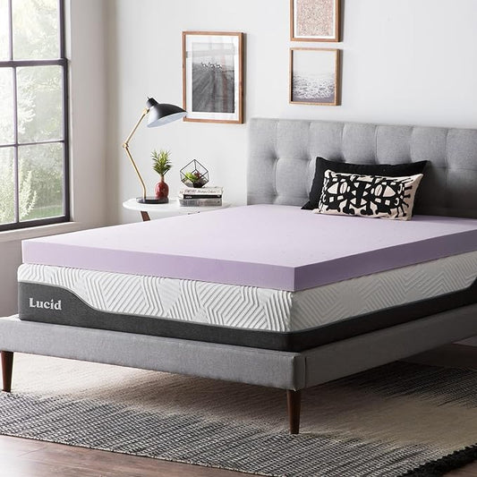 Lucid 4 Inch Lavender Infused Memory Foam Mattress Topper - Ventilated Design – Pressure Relieving Bed Topper - Mattress Pad – CertiPur Certified - Full Size