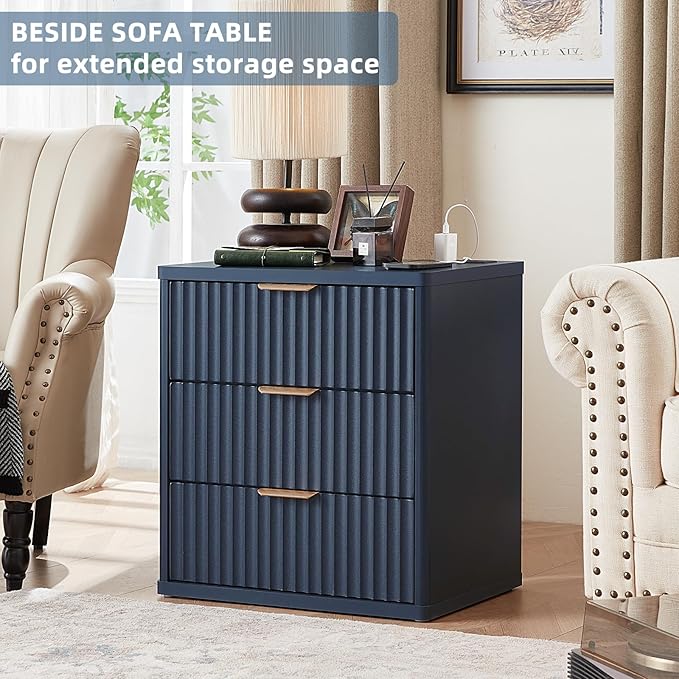 LEYAOYAO 23" Wide Fluted Farmhouse Night Stand Set of 2 with Charging Station, 3 Drawers Large End Table w/Metal Handle, Blue Nightstand Bedside Table,Wood Dresser for Bedroom, Closet