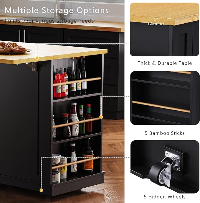 Large Kitchen Island Cart on 5 Wheels with 2 Bar Stools, Power Outlet, Drop Leaf, 3 Drawers, Kitchen Storage Cart with 5 Open Side Racks for Kitchen, Dining Room, Home Bar Black