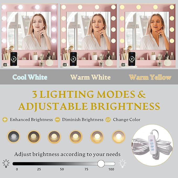 Vanity Desk with Mirror and Lights, Small Makeup Vanity Table Set with Storage Drawers & Power Outlets & Chair, 3 Lighting Modes & RGB Ambient Light, Dressing Table for Women Girls Bedroom, Pink