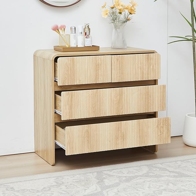 Fluted 3 Drawer Dresser for Bedroom,Mid Century Modern Wide Chest of Drawer,Curved Edge Wood Closet Dresser Nightstand for Bedroom Living Room Hallways (Natural, Wide 3 Drawer)