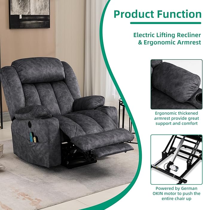 VIVIJASON Tall Man Large Power Lift Recliner Chair with Massage and Heat for Elderly, Overstuffed Wide Electric Lift Recliner w/Extended Footrest, 2 Cup Holder, Side Pockets & USB Ports, Fabric Grey