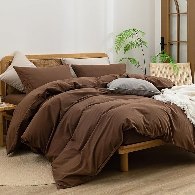 BESTOUCH Duvet Cover Set 100% Washed Cotton Linen Feel Super Soft Comfortable Chic Lightweight 3 PCs Home Bedding Set Solid Cocoa Brown Oversized Full