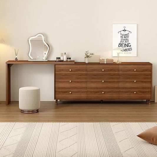 Makeup Vanity Desk Set with Cloud-Pattern HD Lighted Mirror and Stool, 70-110in Extendable Modern Vanity Table, 9-Drawer Solid Wood Frame Storage Cabinet, Bedroom Dressing Table, Brown