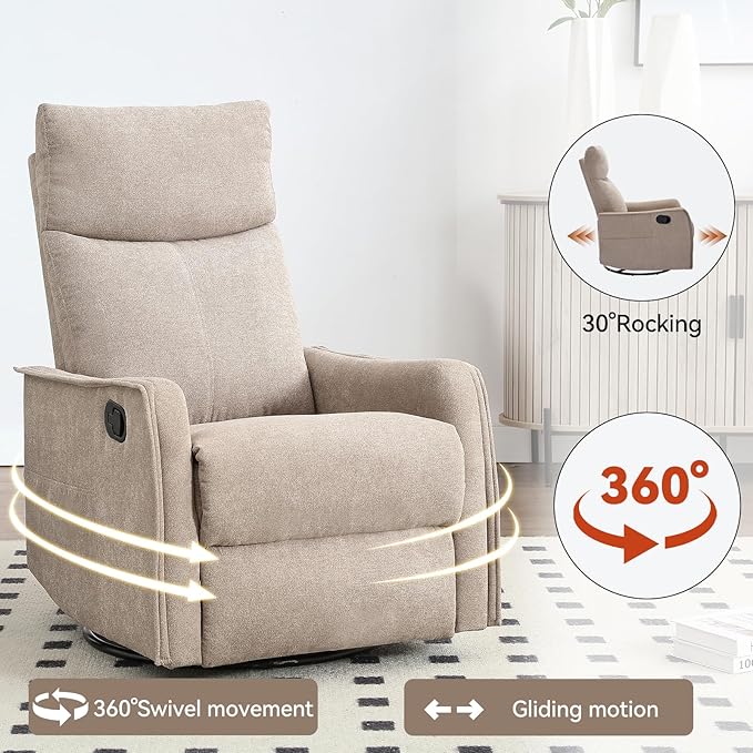 Massage Rocker Swivel Recliner Chair for Adults, Manual Recliner Glider with Lumbar Heating, Technical Flannel Fabric Nursery Glider Rocking Chair with Vibration Massage for Living Room - Khaki