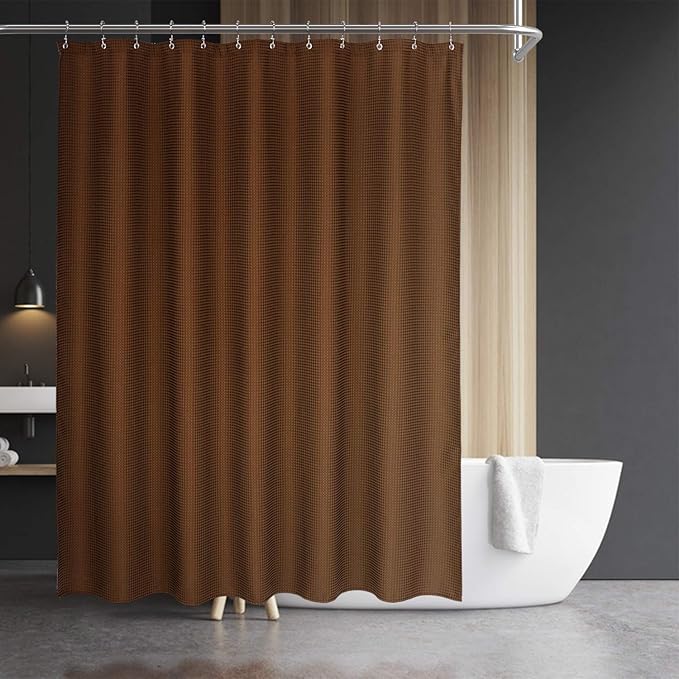 Barossa Design Waffle Weave Shower Curtain Hotel Luxury Spa, 230 GSM Heavy Duty Fabric, Water Repellent, Brown, 71x72 Inch