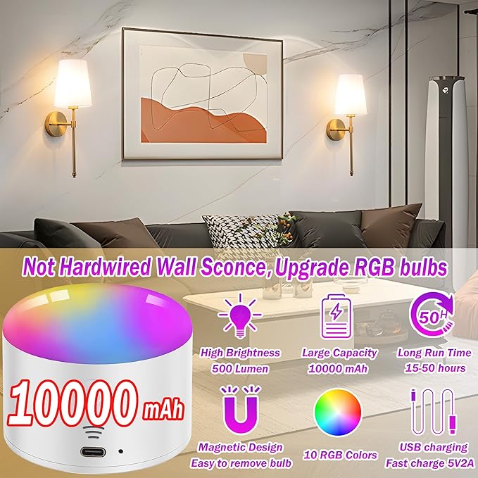 Battery Operated Wall Sconce Set of 2, Rechargeable Wall Sconce with 10000mAh Bulb and Remote Control, Up to 50 Hrs Use, RGB Dimmable Wireless Wall Lights for Living Room Bedroom Hallway