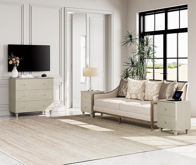 WAMPAT TV Stand Dresser for 32+ Inches TVs, Wood Media Console Table with 3 Drawers, Modern Highboy Entertainment Center with Storage for Living Room Bedroom, Beige Linen