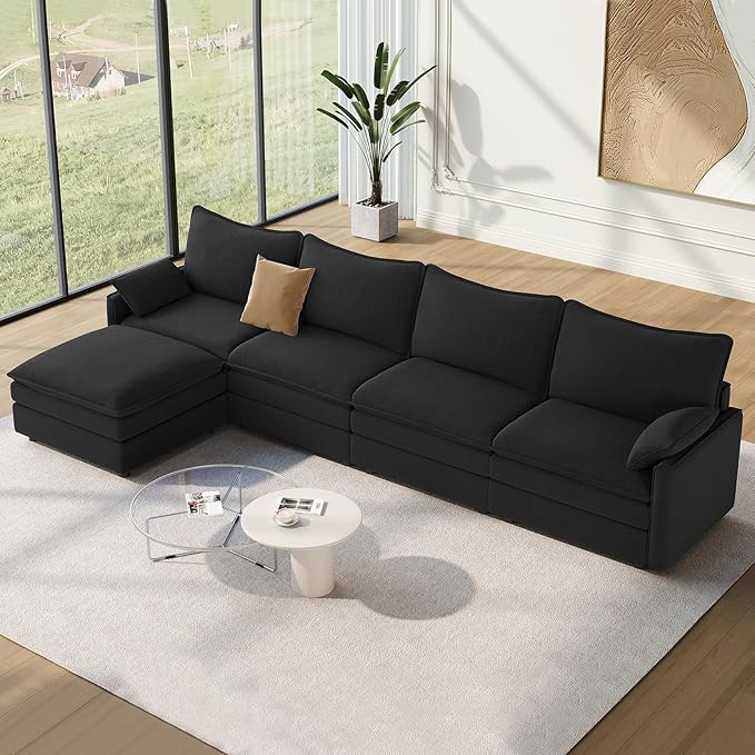Vesgantti 142" Cloud Couch Sectional Modular Sofa, Comfy Sectional Couch with Ottoman Deep Seat Chenille L Shaped Sofa, Modular Couches for Living Room, Bedroom and Apartment, Black