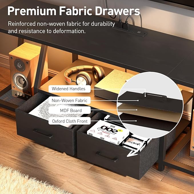 LED TV Stand with Fabric Drawers for 75 Inch TV, Entertainment Center with Power Outlets and Open Storage Shelves, Industrial Media TV Console Table for Living Room, Bedroom, Black