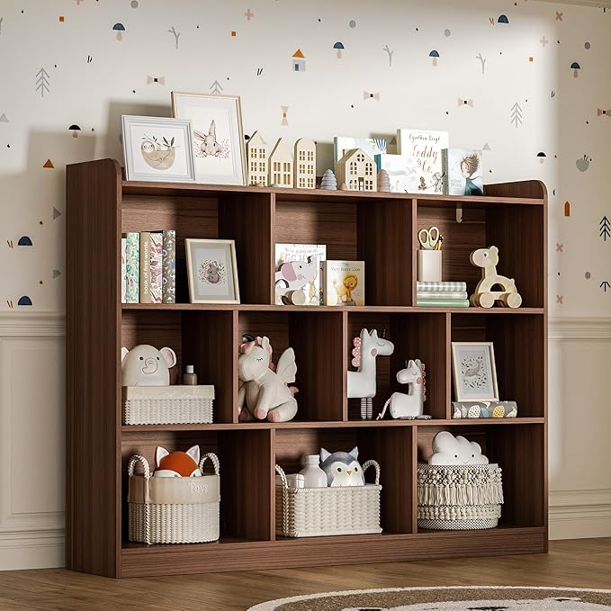 Brown Bookshelf, Wood Bookcase with 3 Tier Open Shelves, 10-Cube Minimalist Storage Shelf for Living Room, Bedroom, 43.3" W x 35.4" H