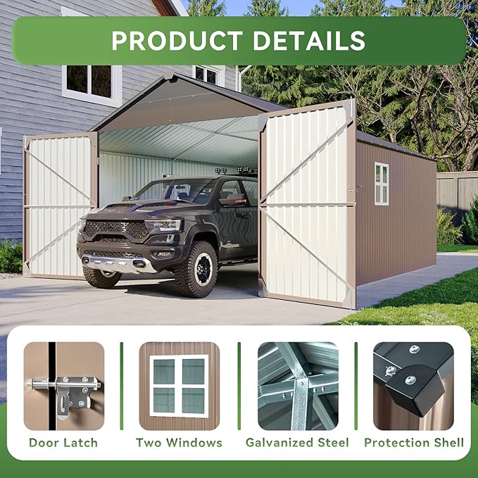 Aoxun 12x20x9.3 FT Shed Outdoor Metal Garage Shed 1700 CUFT Extra Large Storage Shed for Vehicles & Sundries 11" Snow Load Double-Door All-Weather Garden Shed (Brown)