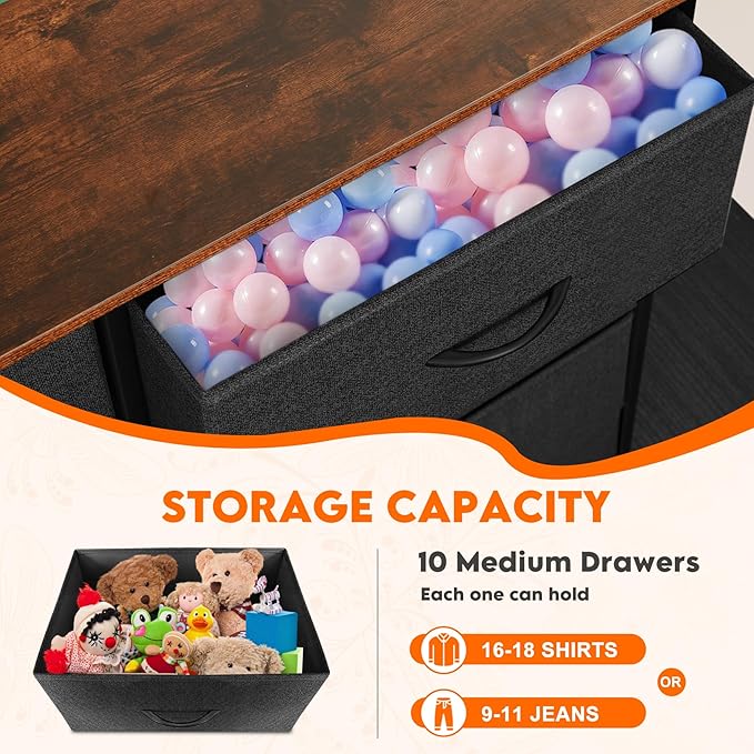 Dresser for Bedroom with 10 Drawers, Chest of Drawers, Storage Drawers Organizer Unit, Black Wide Fabric Dresser with Fabric Bins for Closet, Living Room, Entryway (Black and Rustic Brown)