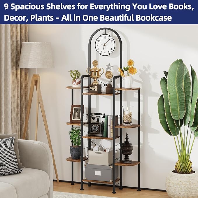 Bookshelf with Wall Clock, Triple Bookcase with Open Display Shelves, Industrial Style Book Shelves, Modern Display Shelf for Living Room, Bedroom, Home Office, Rustic Brown