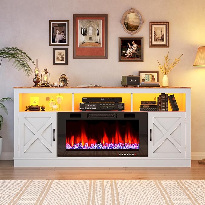 Farmhouse TV Stand with 36" Fireplace for 80" TV, 70" Entertainment Center with Barn Doors and LED Light, Tall Fireplace TV Stands for Living Room,White