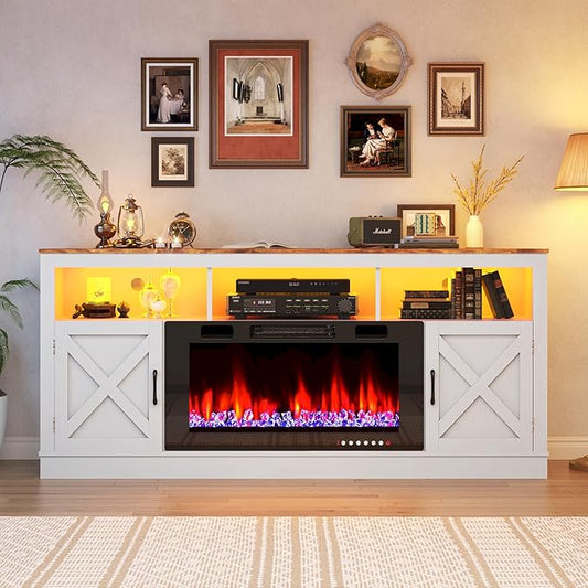 Farmhouse TV Stand with 36" Fireplace for 80" TV, 70" Entertainment Center with Barn Doors and LED Light, Tall Fireplace TV Stands for Living Room,White
