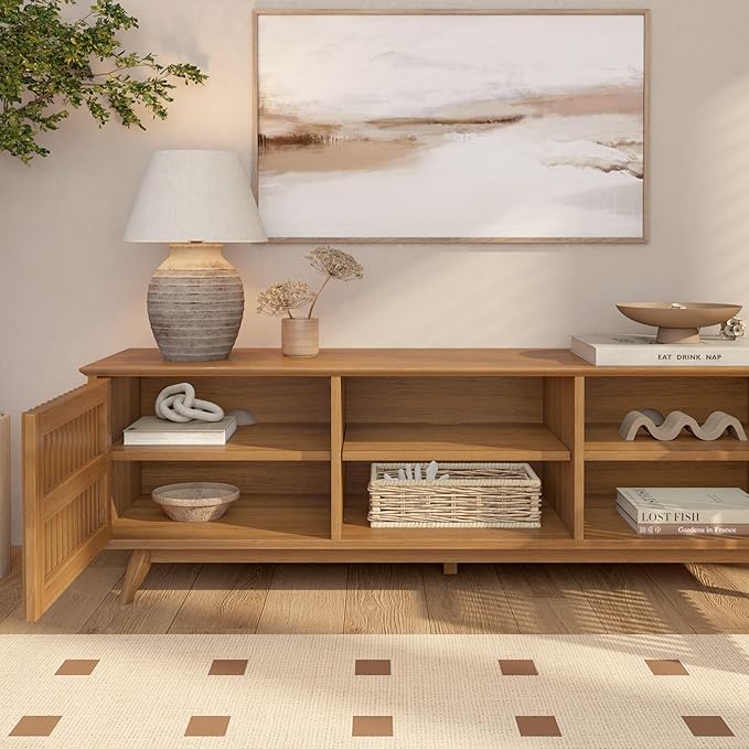 Plank+Beam Mid-Century Modern Wood TV Stand, Solid Wood Entertainment Console with Storage, 59" L x 16" W x 19" H, Pecan