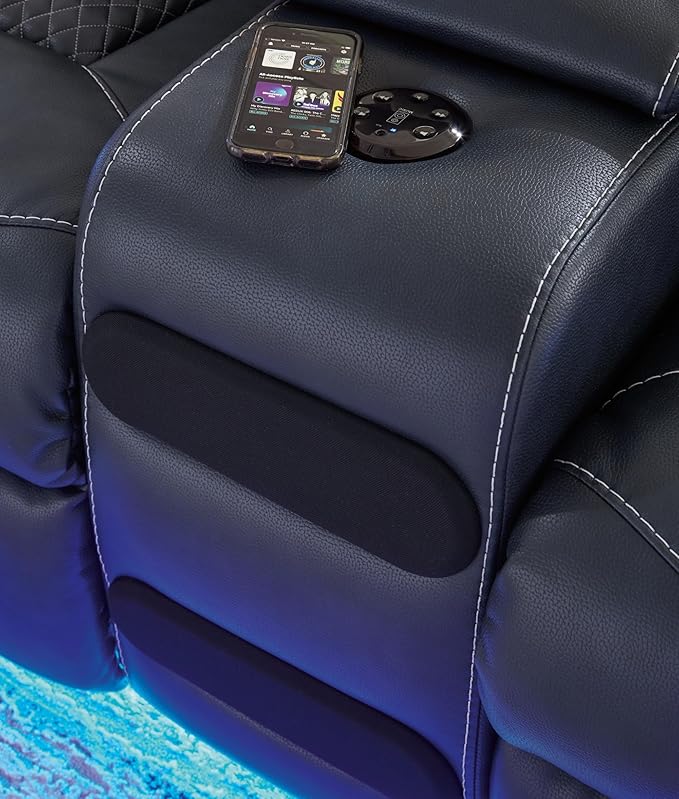 Signature Design by Ashley Fyne-Dyme Contemporary Power Reclining Loveseat with Console, USB Charging Ports and Adjustable Headrest, Blue