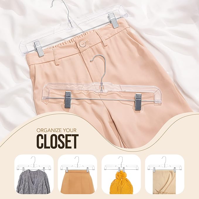 HOUSE DAY Clear Pants Hangers with Clips 12 Pack, Plastic Skirt Hangers for Women, 14 Inch Clip Hanger for Pants, Skirts, Jeans, Shorts, Legging, with 360-degree Swivel Hook, 2 Adjustable Clips