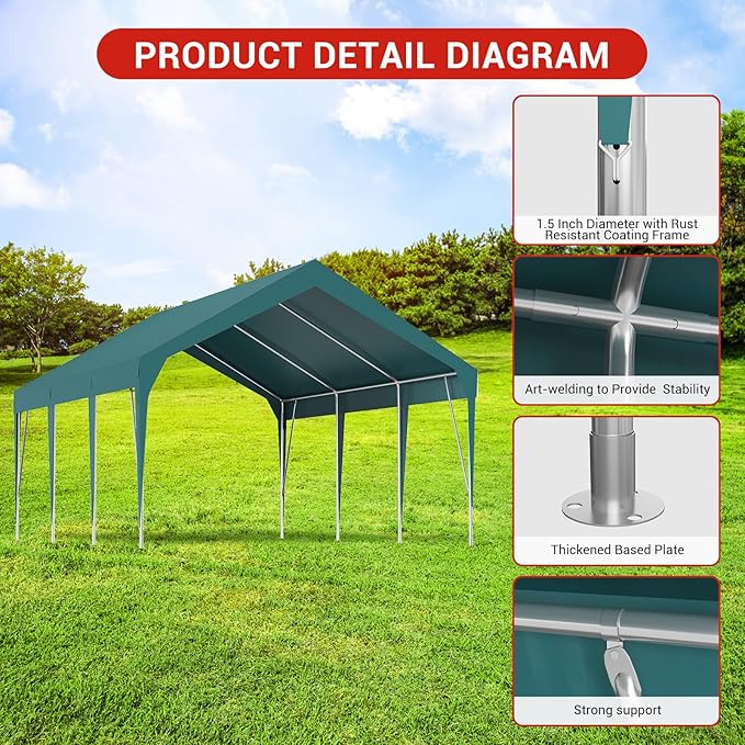 12x20FT Heavy Duty Carport Canopy with Sturdy Frame, Portable Waterproof and UV-Resistant Garage Shelter, Adjustable Height for Car, Boat, Outdoor Storage and Parties Green
