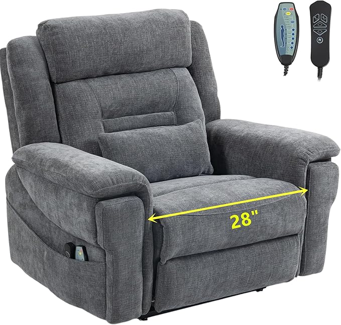 28 Inch Extra Wide Recliner Lay Flat 180°, Big Man 400lbs Oversized, Power Lift Recliner with Heat and Massage for Elderly, Large Heavy Duty Recliners with Cup Holders and Wireless Phone Charger