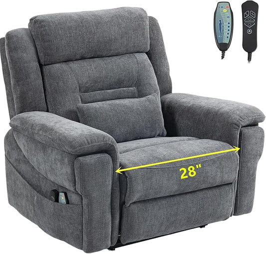 28 Inch Extra Wide Recliner Lay Flat 180°, Big Man 400lbs Oversized, Power Lift Recliner with Heat and Massage for Elderly, Large Heavy Duty Recliners with Cup Holders and Wireless Phone Charger