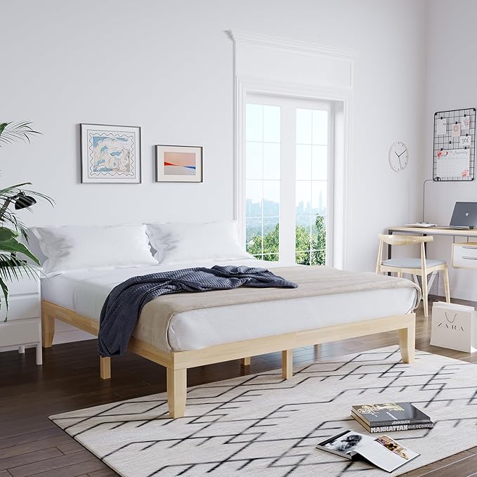 Giantex King Wood Platform Bed Frame, 14 Inch Solid Rubber Wood Mattress Foundation, Heavy Duty Wooden Slats Support, No Box Spring Needed, Easy Assembly, Natural
