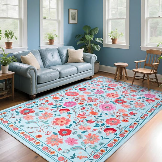 Living Room Rug 6x9 Rug, Machine Washable Area Rug Non Slip Low Pile Floral Rug for Living Room, Bedroom, Farmhouse, Dining Room, Kids Playroom, Blue