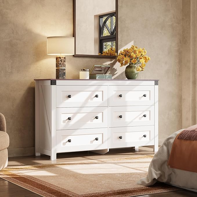 WLIVE Farmhouse 6 Drawer Dresser for Bedroom, 53.07'' Wide Wood Dresser, White Dressers Storage Organizer with Double Rustic Handle, TV Stand for 60 inch TV, Chest of Drawers for Living Room, Hallway