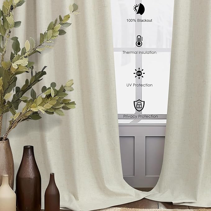 54 Inch Curtains Sunblock Curtains for Bedroom 2 Panel Set Flax Linen Short Blackout Insulated Thermal Opaque Curtain for Summer Heat Kitchen 4.5 ft Drapes for 50 Inch Small Window 52x54 Length Beige